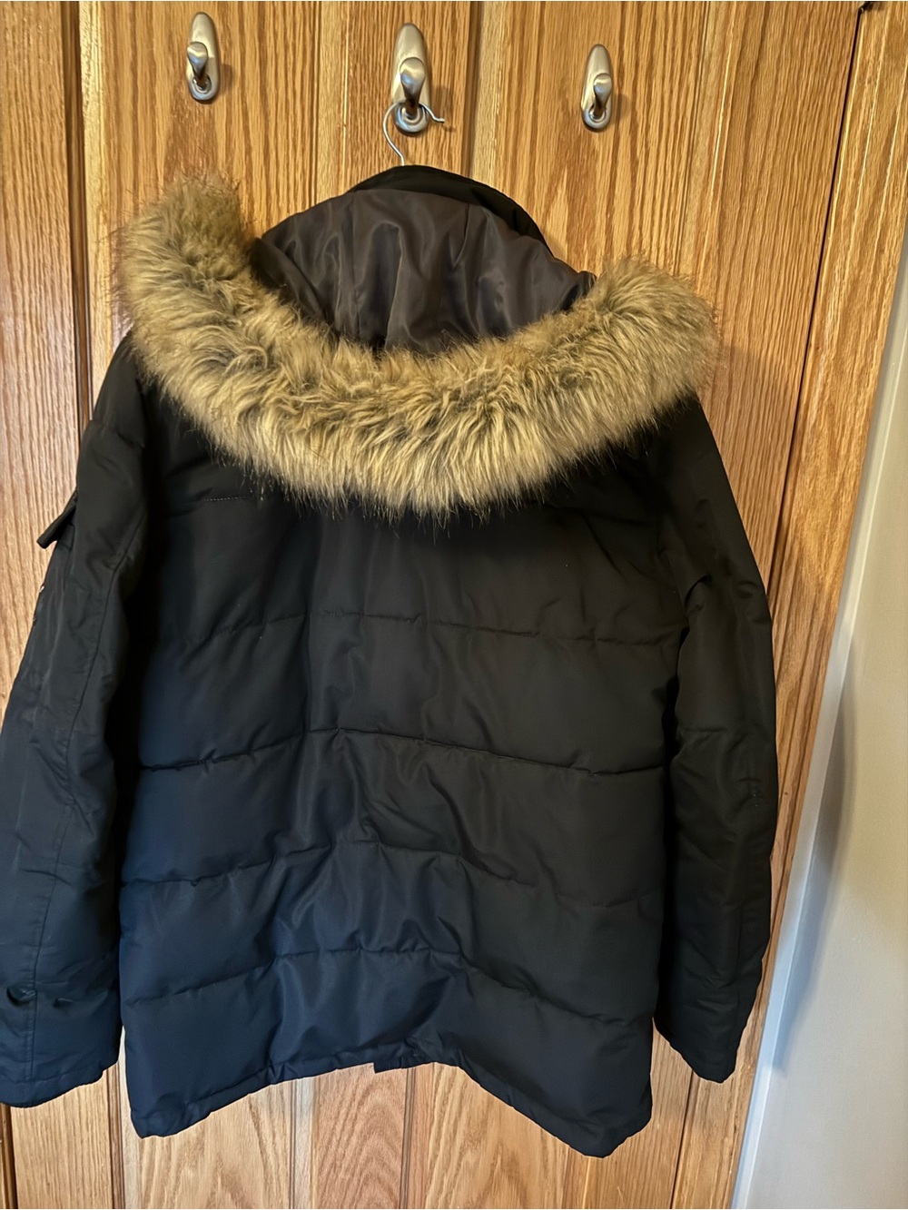 Nautica Men’s M Black Hooded Puffer Parka Faux Fur Trim
